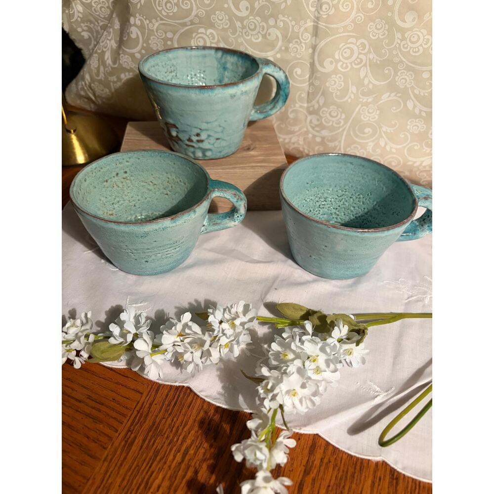 Set of 3 Vintage Artisan‎ Studio Pottery Mugs - Teal Turquoise Glaze